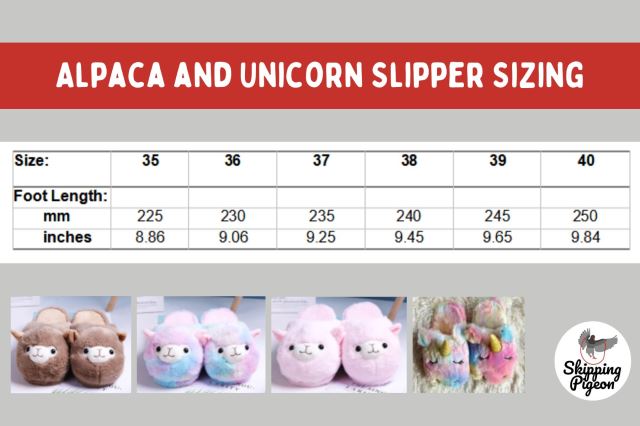 Alpaca and unicorn slipper sizing chart with European sizes ranging from 35 to 40, including metric and imperial conversions. Images of corresponding alpaca and unicorn slippers are located below the table.