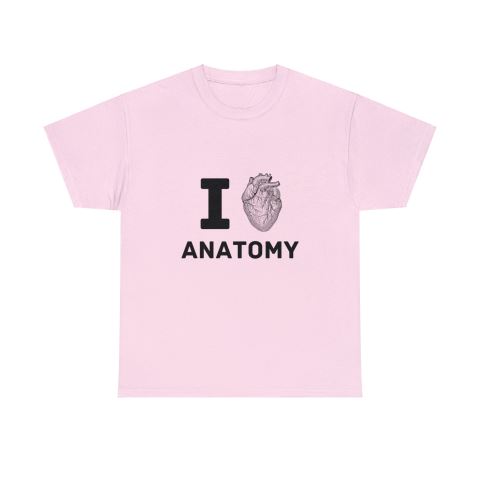 On a white background, a flat-lay image of a light pink T-shirt with 'I love anatomy' printed on it, with an anatomically accurate heart replacing the word 'love'.