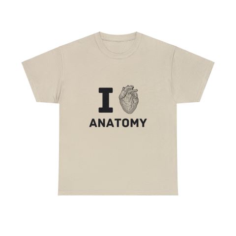 On a white background, a flat-lay image of a sand T-shirt with 'I love anatomy' printed on it, with an anatomically accurate heart replacing the word 'love'.