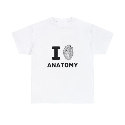 On a white background, a flat-lay image of a white T-shirt with 'I love anatomy' printed on it, with an anatomically accurate heart replacing the word 'love'.